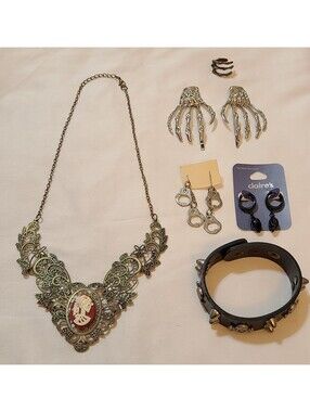 6pc Gothic Skeleton Cameo Jewelry Set Halloween Cosplay Steampunk Dark Academia